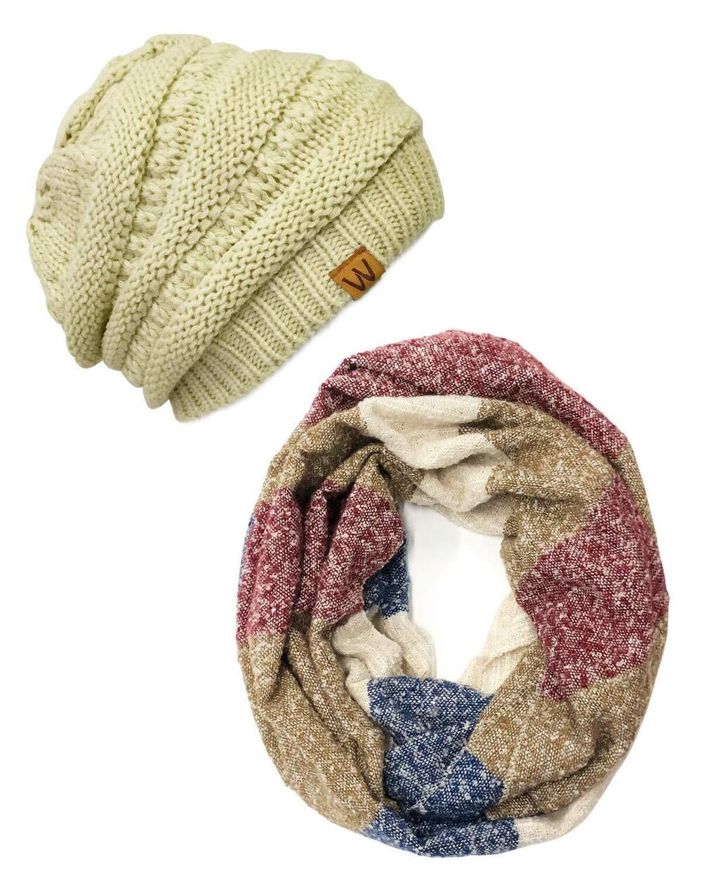 1404 Tricolor Winter Knit Infinity Scarf with Beanie, WCMC + Latte